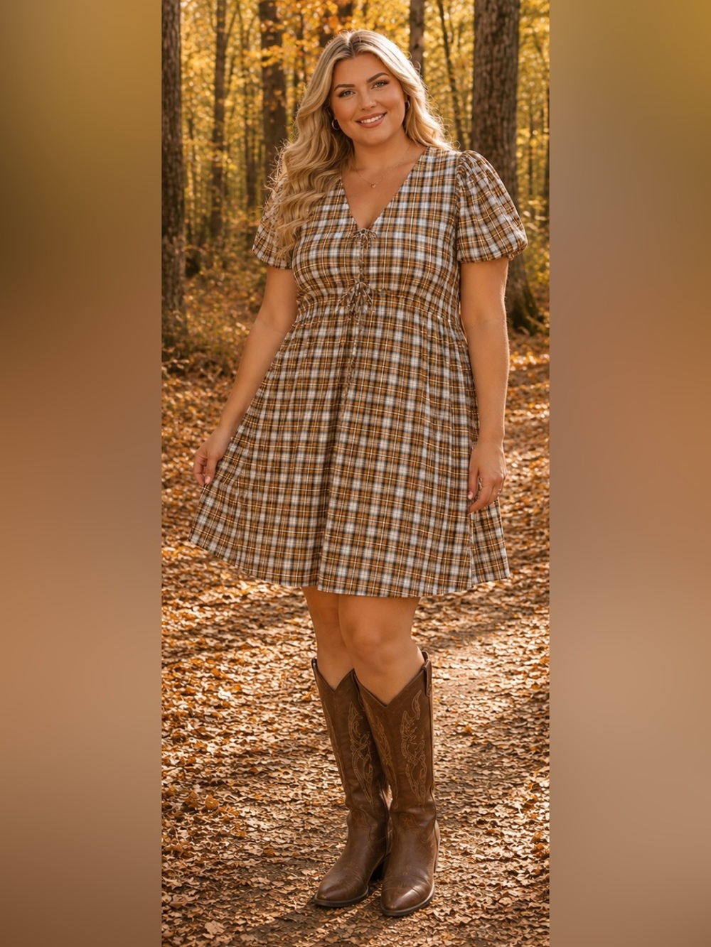 SHEIN Brown and White Plaid Drawstring Front Dress